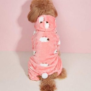 1pc Pink Sheep Pattern Dog Hooded Jumpsuit, Pet Autumn/Winter Outfit Pink