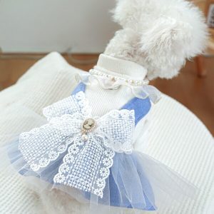 1pc Pet Clothing, New Pearl Chiffon Skirt With Bowknot For Dogs And Cats, Autumn/winter Blue