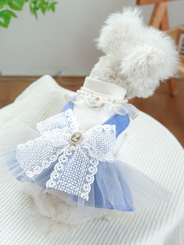 1pc Pet Clothing, New Pearl Chiffon Skirt With Bowknot For Dogs And Cats, Autumn/winter Blue