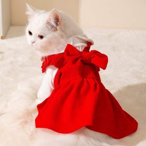 2pcs/set Pet Skirt Red Bowknot Princess Style Cat Skirt Four Seasons Suitable, With Red Hair Clip, Without White Undershirt Red