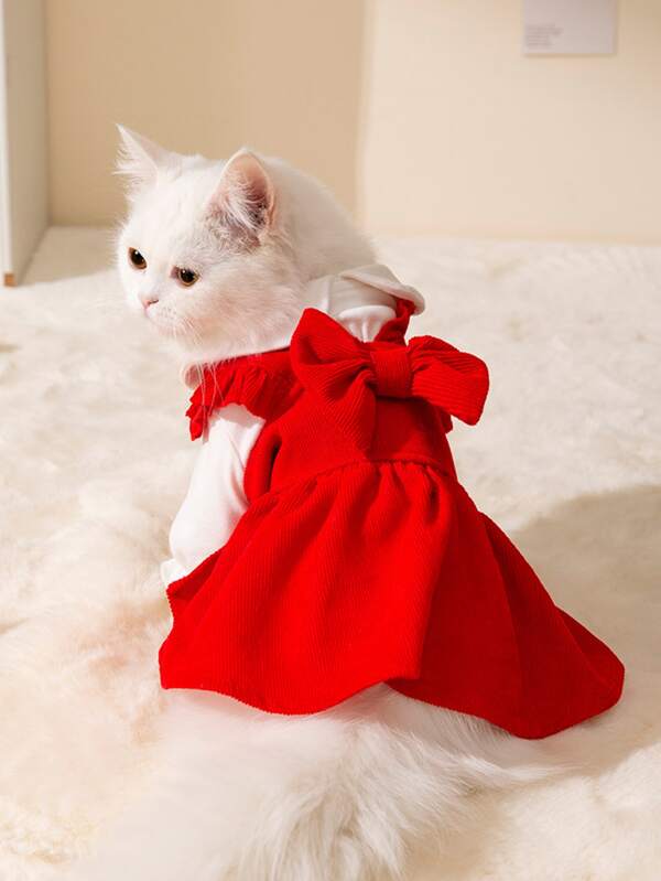 2pcs/set Pet Skirt Red Bowknot Princess Style Cat Skirt Four Seasons Suitable, With Red Hair Clip, Without White Undershirt Red