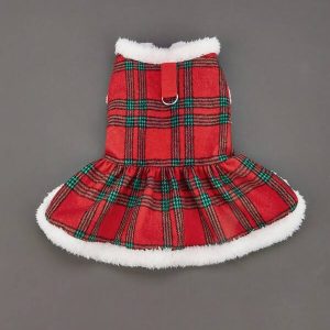 Christmas Pet Leash Plaid Skirt With Leash Holes Red