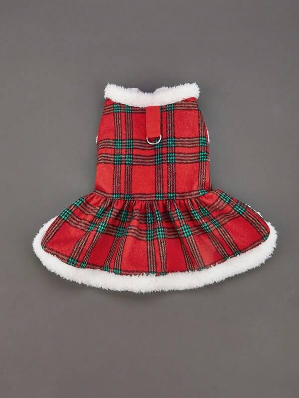 Christmas Pet Leash Plaid Skirt With Leash Holes Red