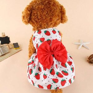 1pc Pet Dress Pet Button Closure Up Floral Strawberry Printing Princess Style Bow Decor Pet Skirt For Outdoor Wedding  Dog Dress Multicolor