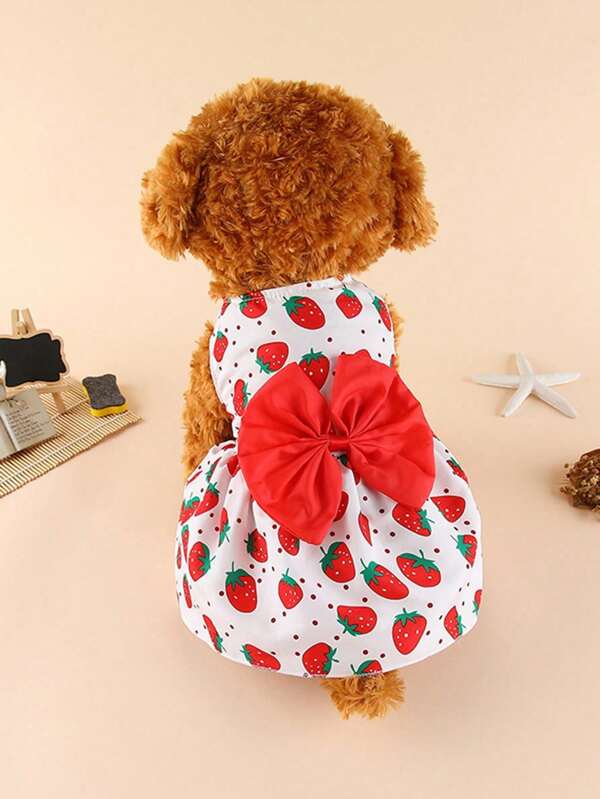 1pc Pet Dress Pet Button Closure Up Floral Strawberry Printing Princess Style Bow Decor Pet Skirt For Outdoor Wedding  Dog Dress Multicolor