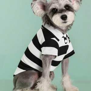 1 Piece Of Simple Striped Breathable Skin-Friendly Polo Shirt, Suitable For Cats And Dogs T-Shirt Clothes In All Seasons(The Size Is Too Small!!It Is Recommended To Take A Larger Size) Black and White