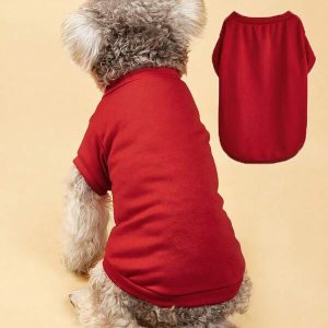 New Solid Color Short Sleeve Breathable Pet T-Shirt, Comfortable Crew Neck Tee For Cats & Small Dogs Red