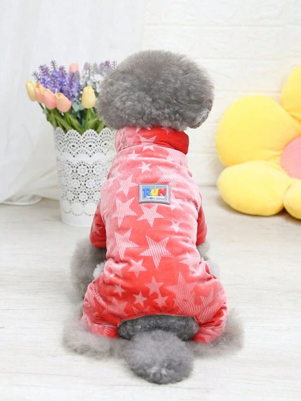 Pet Padded Coat With Star Pattern, Thick Warm Cat Dog Clothes, 4-Leg Padded Padded Coat, Autumn Winter Insulation Outfit, Popular EU & US New Style, Casual British Design Pink