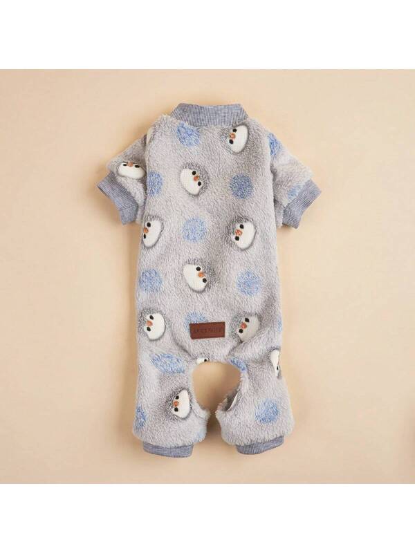 1pc Pet Animal Print Fleece Jumpsuit, Warm Outfit For Cats & Dogs, Autumn/Winter Light Grey