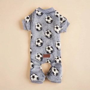 1pc Pet Football Printed Plush Jumpsuit For Cats & Dogs, Warm Winter Use Light Grey