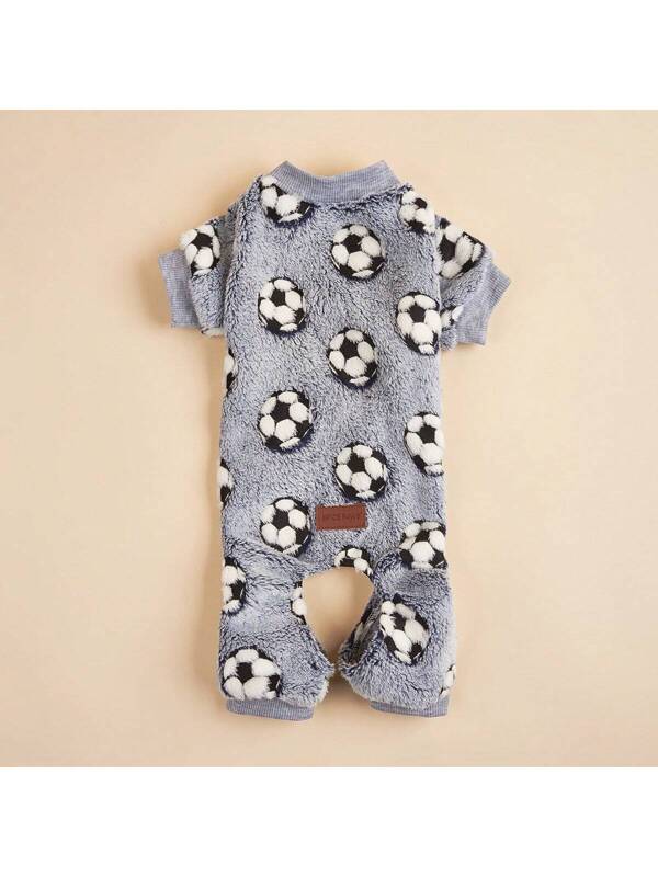 1pc Pet Football Printed Plush Jumpsuit For Cats & Dogs, Warm Winter Use Light Grey