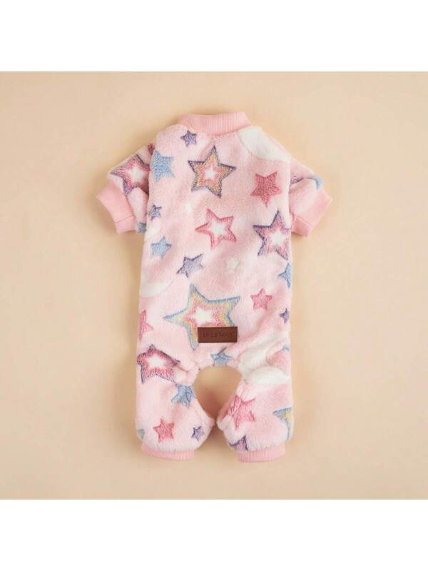 1pc Pet Moon & Colorful Star Pattern Plush Jumpsuit, Warm For Cats & Dogs In Autumn & Winter Pink