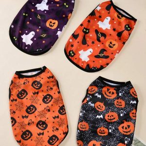 HOLAPET 1pc Halloween Pumpkin, Ghost, Spider Web Printed Pet Vest Breathable T-Shirt For Small Dogs And Cats Burnt Orange