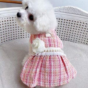 1pc Pet Dog Plaid Skirt With Faux Pearl Chiffon Trim Multicolor