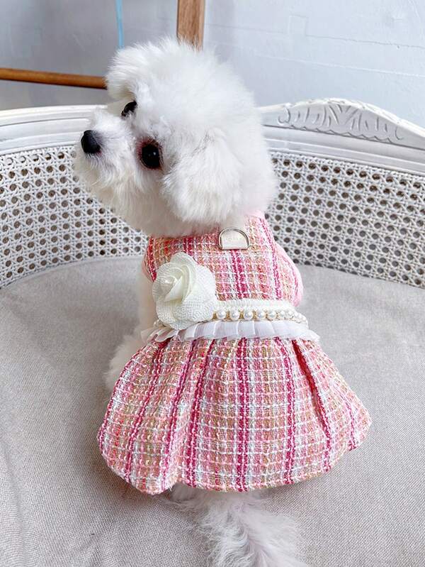 1pc Pet Dog Plaid Skirt With Faux Pearl Chiffon Trim Multicolor