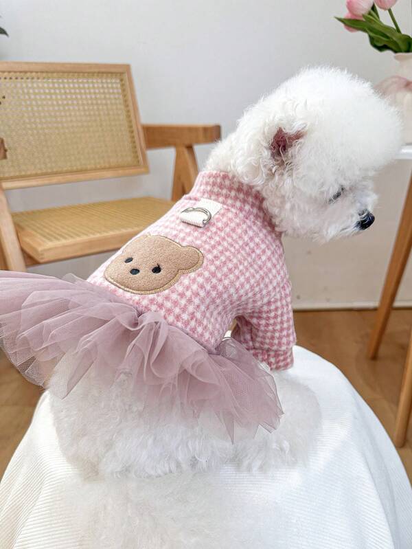 1pc Pet Dress, Dog & Cat Outfit - Pink Gingham Skirt Pink