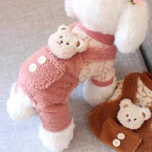 Fleece Lined Pet Jumpsuit With Bear Strap Design, Button Style, Thick Warm Pet Clothes For Cats And Dogs, Autumn/Winter Pink