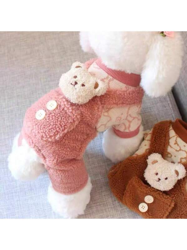 Fleece Lined Pet Jumpsuit With Bear Strap Design, Button Style, Thick Warm Pet Clothes For Cats And Dogs, Autumn/Winter Pink