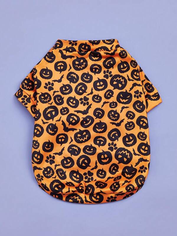 1pc Thin Halloween Teddy Dog Clothes With Pumpkin, Monster, Skull And Spider Patterns Orange