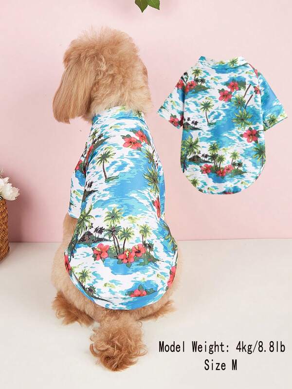 1pc Hawaiian Floral Print Cute T-Shirt Clothes For Pets, Suitable For Toy Poodle And Small Dogs Royal Blue