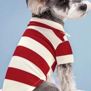 Striped Dog T-Shirt, Long Sleeve Dog Clothes Suitable For Medium And Small Dogs, Cats, French Bulldog, Dachshund, Yorkshire Terrier, Fashionable And Breathable Cute Collar Striped Polo Shirt, For Summer And Autumn Red