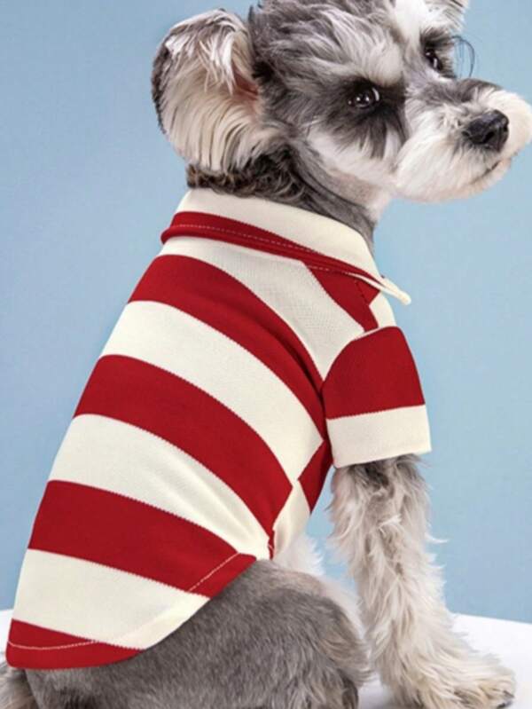 Striped Dog T-Shirt, Long Sleeve Dog Clothes Suitable For Medium And Small Dogs, Cats, French Bulldog, Dachshund, Yorkshire Terrier, Fashionable And Breathable Cute Collar Striped Polo Shirt, For Summer And Autumn Red