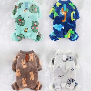 Thick Flannel Pet Four Legs Jumpsuit, Warm For Puppy Dog And Cat, Leash Attached, Autumn/Winter Green